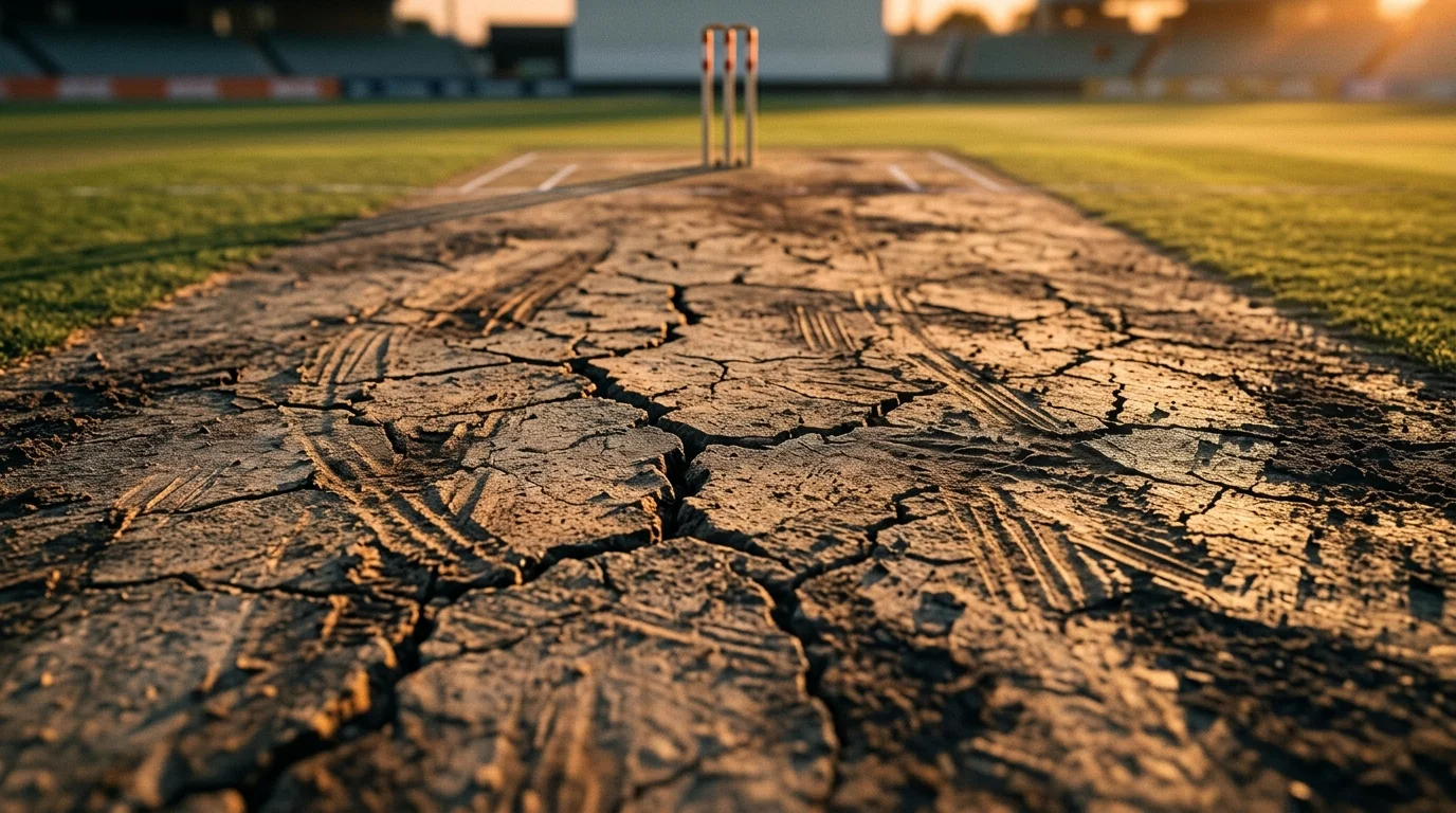 Abgenutzter Test-Cricket-Pitch am Nachmittag mit Rissen und Verschleissspuren im Spielbereich