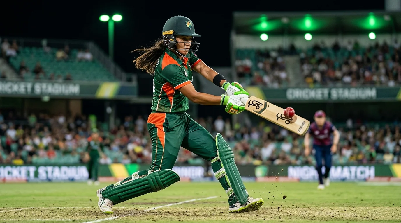 Schlagfrau in dynamischer Aktion während eines Frauen-Cricketspiels